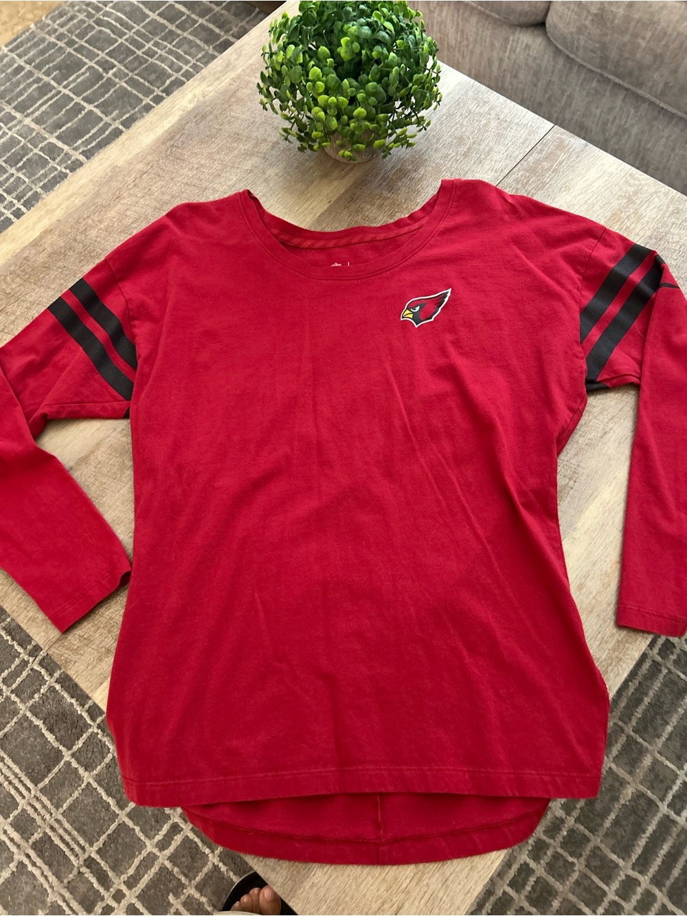 NFL Arizona Cardinals woman’s Red Long-Sleeve Tee with Black Sleeve Stripes